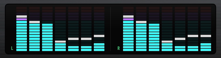 The graphic equaliser: seven bands a channel with held peaks, and seven faders