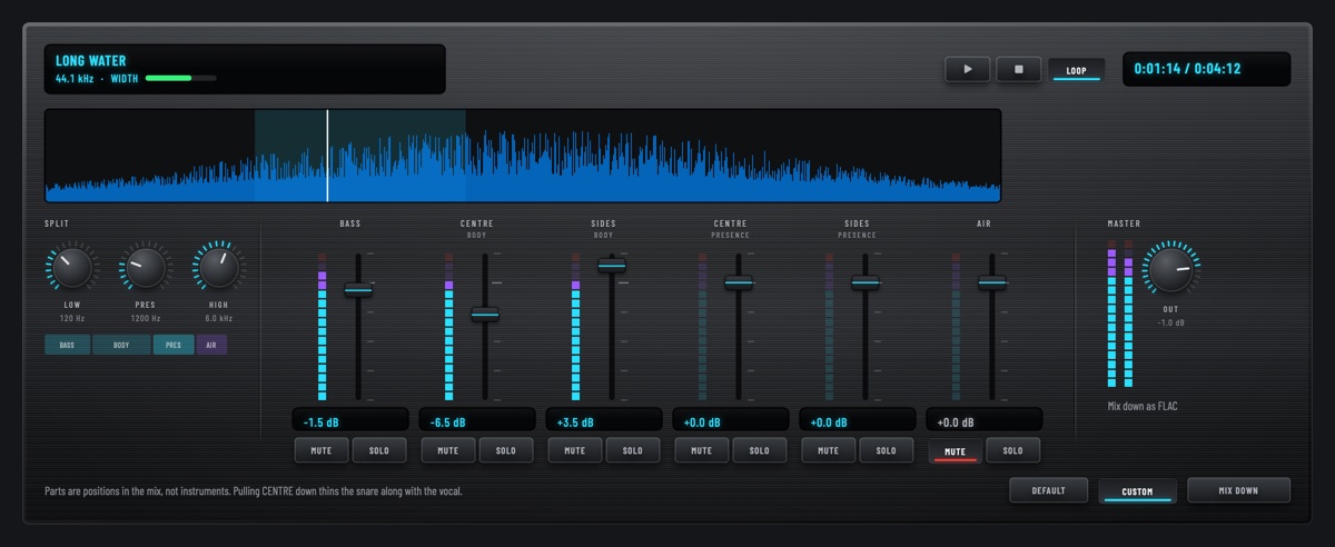 The remix desk: a waveform with a loop marked, three crossover knobs and six channel strips with faders, mutes and solos